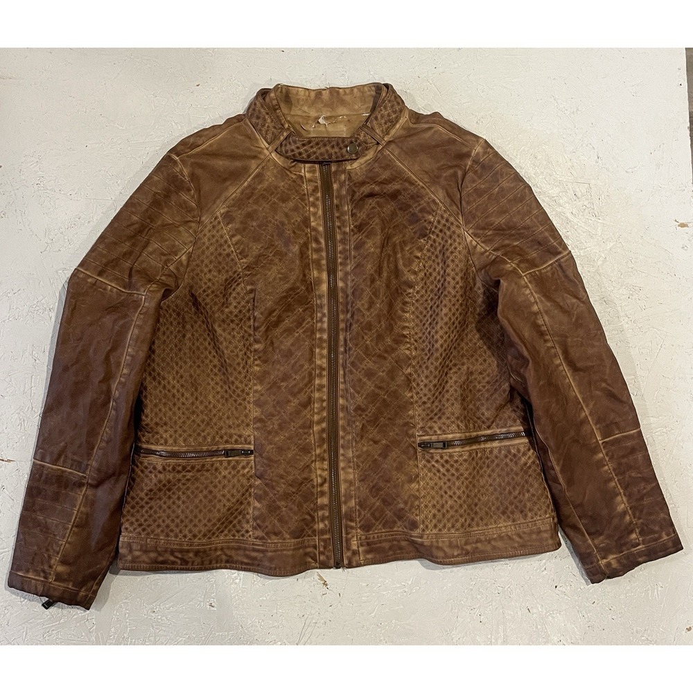 Cato Leather Moto Jacket Brown Quilted Pattern Zip Sleeves Womens Medium